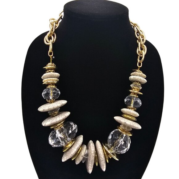 Chunky Statement Gold Tone White/Gray Bead Chain Chic Fashion Jewelry Necklace - Picture 2 of 11
